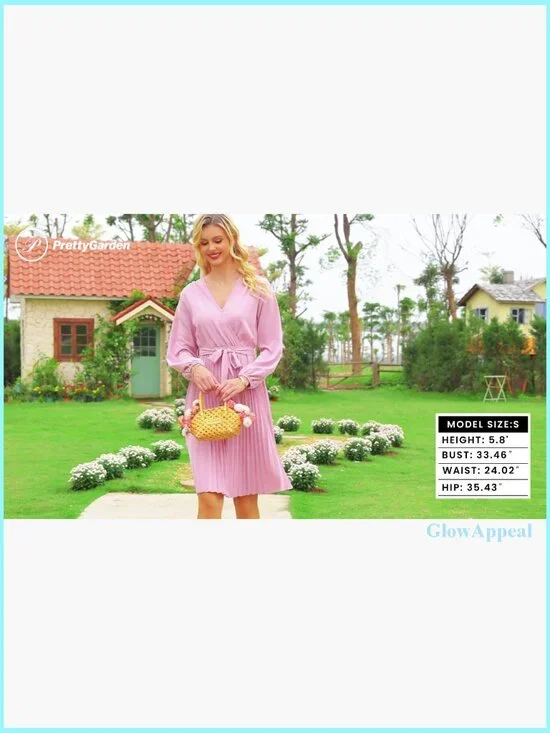 Midi Dress Long Puff Sleeve Wrap V Neck Flowy Ruffle Pleated Casual - Picture 7 of 7